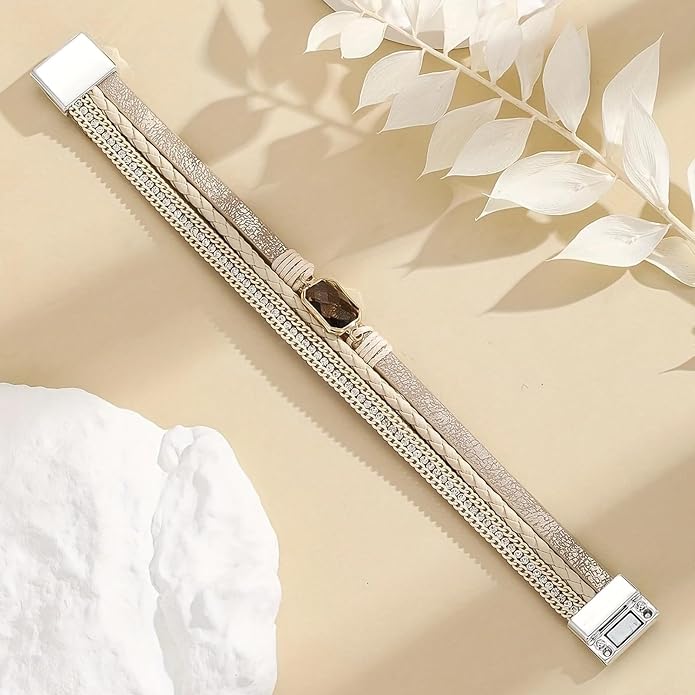 Fesciory Leopard Bracelet for Women, Boho Leather Wrap Multi-Layer Pearl Crystal Bracelet Bangle Jewelry