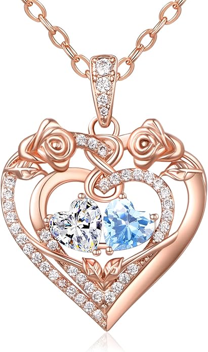 JIYVY32 Rose Heart Necklace for Women Exquisite 925 Sterling Silver Anniversary Birthday Gifts for Wife Mom Her Double Birthstone Pendant Jewelry