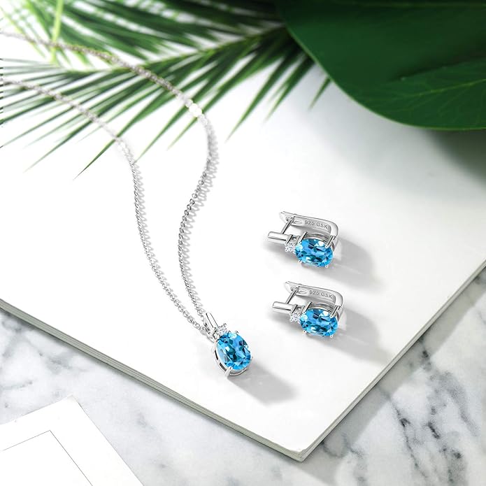 Gemstone Birthstone and White Created Sapphire Pendant and Earrings Jewelry Set for Women in 925 Sterling Silver | Oval 8X6MM and Round 2.5MM | With 18 Inch Chain | Fine Jewelry for Her Mom Women Wife