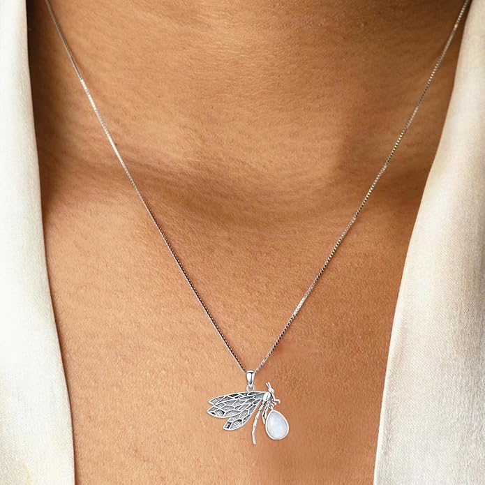 Vintage Dragonfly Necklace 925 Sterling Silver Genuine Moonstone Pendant Mystical Boho Jewelry Birthday Gift for Women