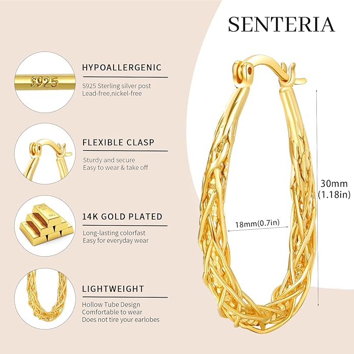 Senteria Sterling Silver Hoop Earrings - Medium, Lightweight, Thick Twist Oval Hoops