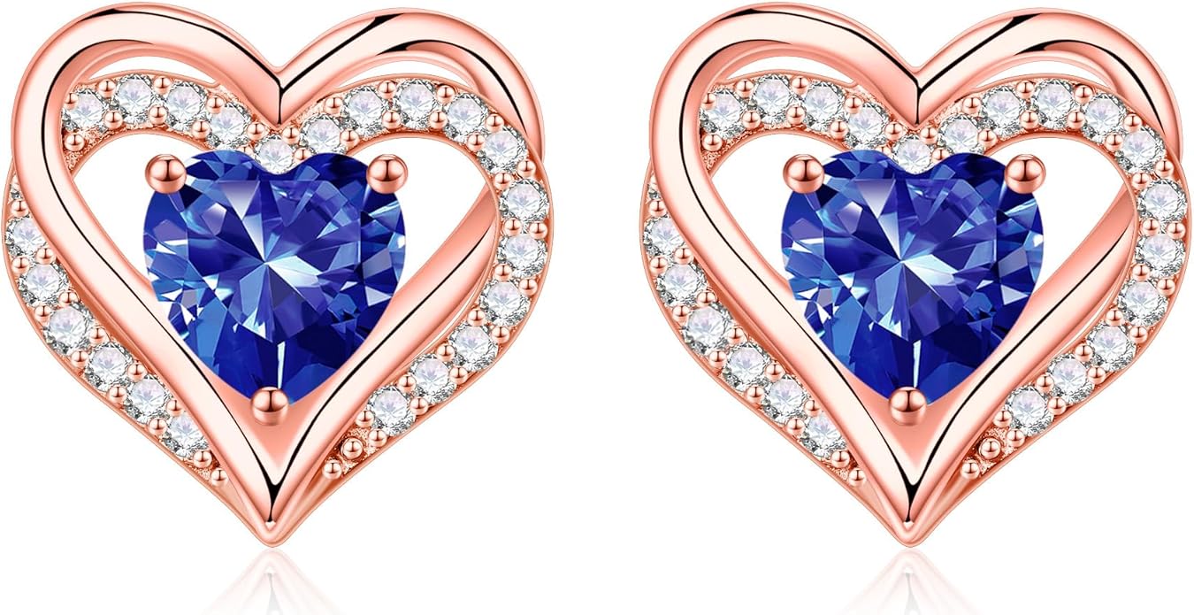 Iefil Birthstone Earrings for Women, 925 Sterling Silver Heart Stud Earrings Birthday Gifts for Women
