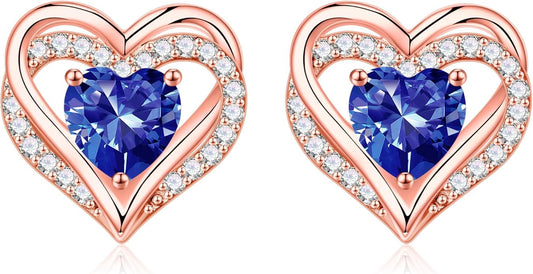 Iefil Birthstone Earrings for Women, 925 Sterling Silver Heart Stud Earrings Birthday Gifts for Women