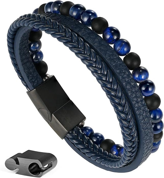 Gifts for Men - Layered Leather Beads Bracelet, Tiger Eye Lava Rock Stone Braided Leather Bracelets for Men Adjustable Magnetic Clasp Birthday Gifts