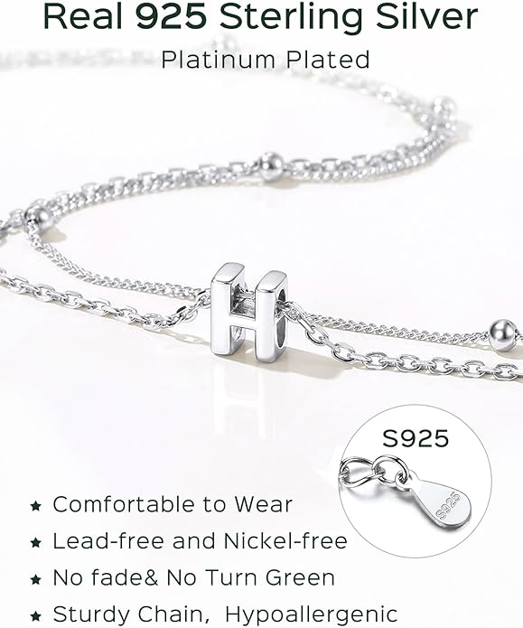 ChicSilver Ankle Bracelets for Women Waterproof, 925 Sterling Silver Initial Anklets for Women, Adjustable Dainty Layered Anklet Beach Jewelry for Women Mom Wife Friend