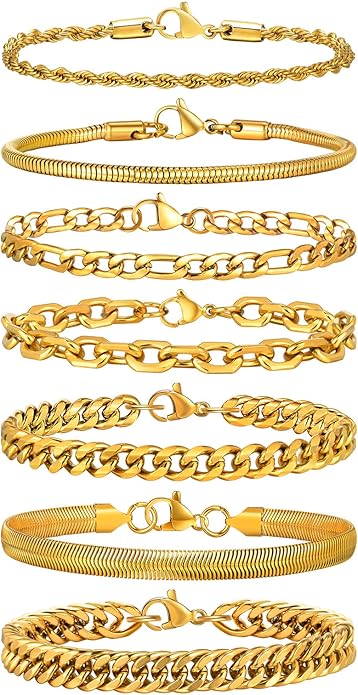 VNOX 5/7 Pcs Chain Bracelet for Men Women - Sturdy Stainless Steel Curb Width Cuban Link Chain Bracelet Set for Men Women,6.5/7/7.4/8.2/9 Inches