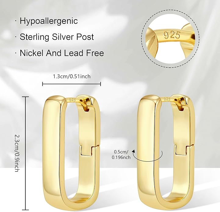925 Sterling Silver Hoop Earrings for Women Small Square Hypoallergenic 14K Gold Plated Hoop Earrings Geometric Minimalist Rectangle Hoops