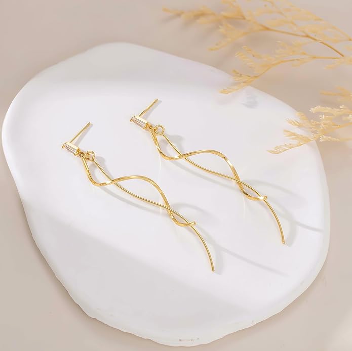 Moodear Dangle Earrings 14K Gold Plated Chain Earrings for Women Trendy Dainty Hypoallergenic Long Chain Drop Tassel CZ/Pearl Earrings Wedding Jewelry Gift