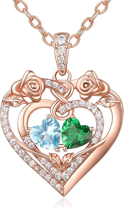 JIYVY32 Rose Heart Necklace for Women Exquisite 925 Sterling Silver Anniversary Birthday Gifts for Wife Mom Her Double Birthstone Pendant Jewelry