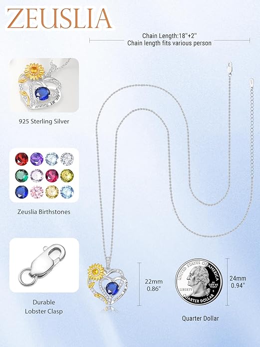 Zeuslia Double Birthstone Necklace Gifts for Wife - 925 Sterling Silver Sunflower/Rose/Crown Cross/Compass/Heart Pendant I Love You Necklace, Anniversary Birthday Gifts for Wife Girlfriend Mom Her