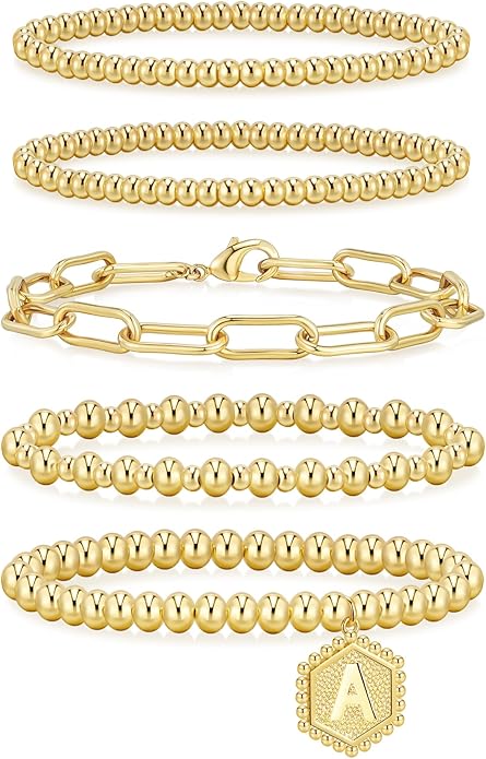 adoyi Gold Bracelets for Women Waterproof, 14K Gold Plated Beaded Strand Bead Ball Bracelets stack Adjustable Jewelry Set for Gifts