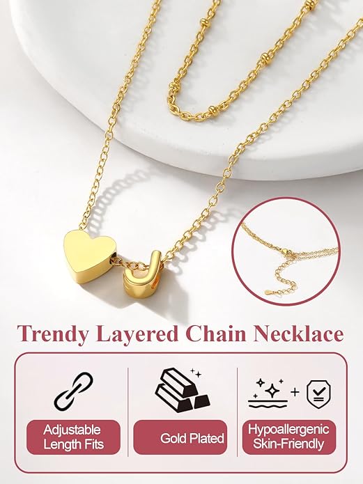FOCALOOK Layered Initial Necklace for Women, 14K Gold Plated Choker Necklaces Stacks with Initial A-Z, Dainty Silver Heart Pendant Necklace Personalized Birthday Women Jewelry