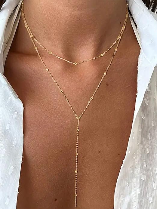 Lariat Necklace for Women, Dainty Long Necklaces, 14k Gold/Silver Plated Y-Shaped Drop Chain Necklace, Simple Layered Necklaces, Trendy Jewelry Gifts for Her
