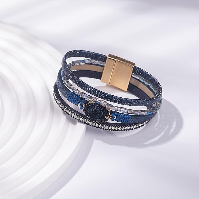 FANCY SHINY Leather Wrap Bracelet Boho Cuff Bangle Bracelets Crystal Bead Bracelet with Magnetic Clasp Jewelry Gifts for Women