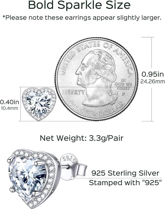 ChicSilver 925 Sterling Silver Birthstone Earrings for Women, 8MM/2 Carat Heart & Round Cubic Zirconia Stud Earrings, Hypoallergenic Jewelry, Ideal Birthday or Christmas Gifts