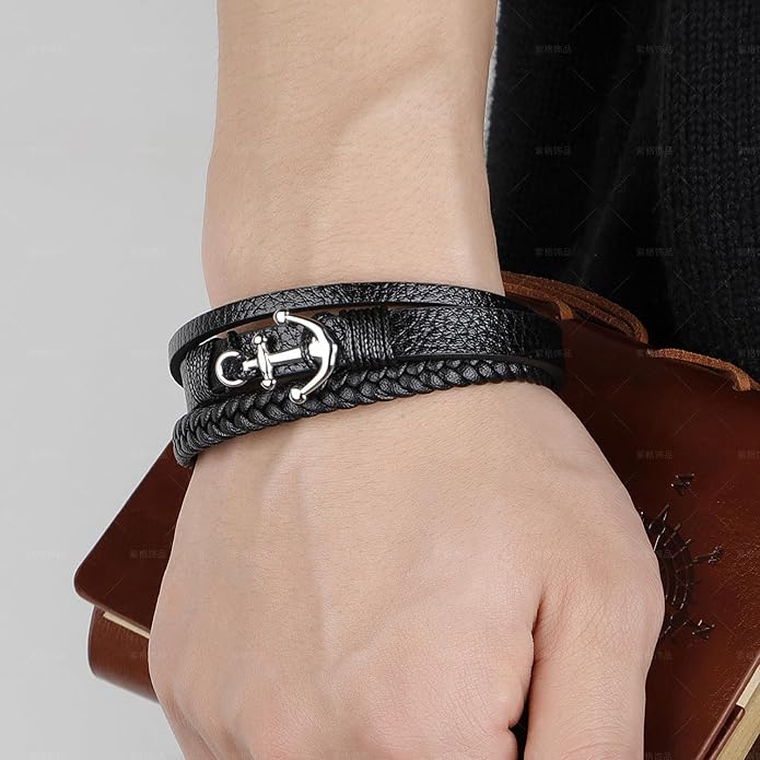 Italian Handmade Genuine Leather Bracelets for Men Stainless Steel Clip, Men's Casual Genuine Multi-layer Cuff Bracelet, Bracelet Gift for Real Men