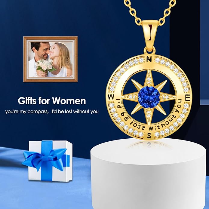 Zifeel Compass Necklace Gifts for Women wife - S925 Sterling Silver Birthstone Necklaces for Women - Anniversary Birthday Gifts for Her Wife Girlfriend - Valentines Mom Mothers Day Christmas Gifts Jewelry for Women