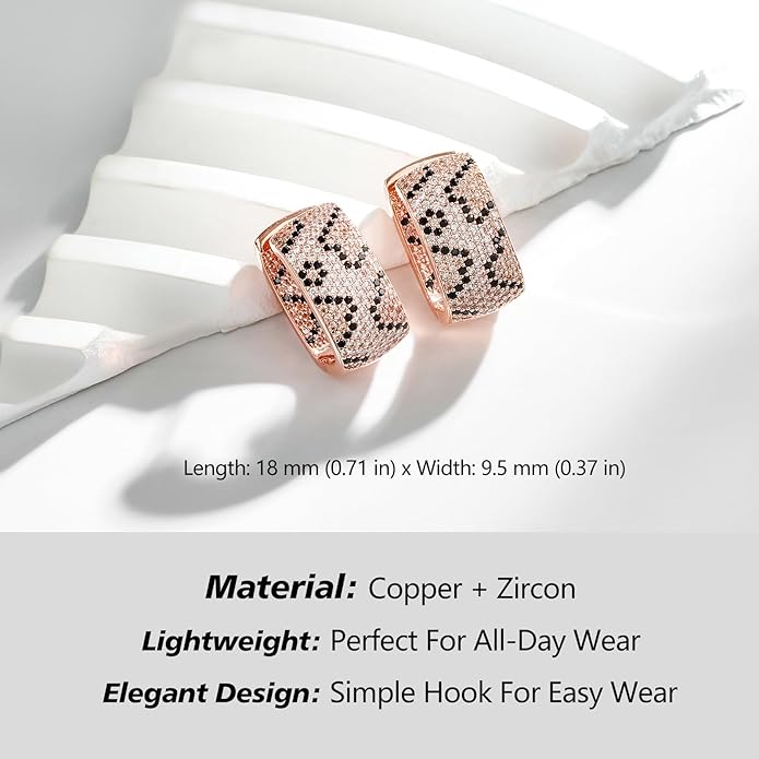 Rose Gold Hoop Earrings for Women, 925 Silver-Plated Thickened Hypoallergenic Earrings, CZ Black Gemstone-Inlaid Earrings - Women's Fashion Jewelry