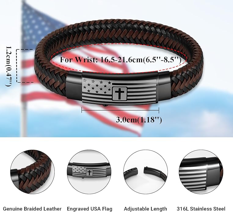 American Flag Leather Bracelet for Men Bible Verse Bracelets Cross Bracelet Christian Jewelry Gift for Men