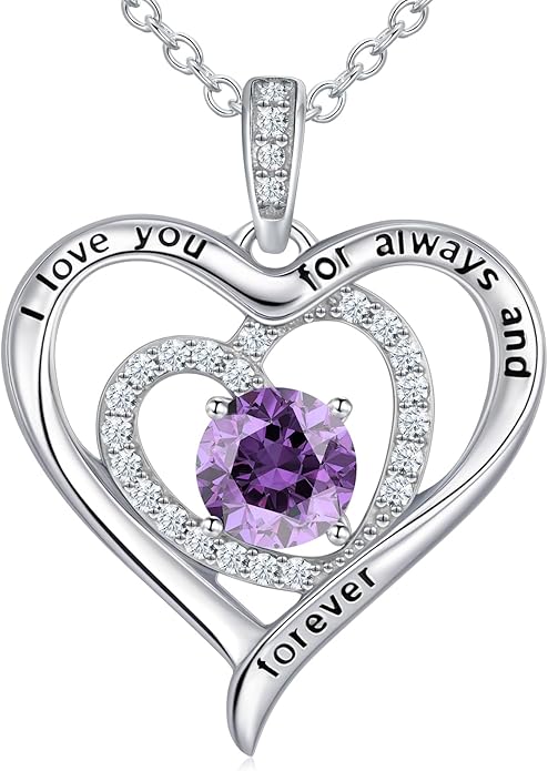 S925 Sterling Silver Necklace for Women, Christams Gift for Women, Love Heart Birthstone Necklaces for Women, Wife Jewelry, Mom Birthday Valentines Mothers Day Gifts, Girlfriend Necklaces, Daughter Heart Jewel, Anniversary for Her
