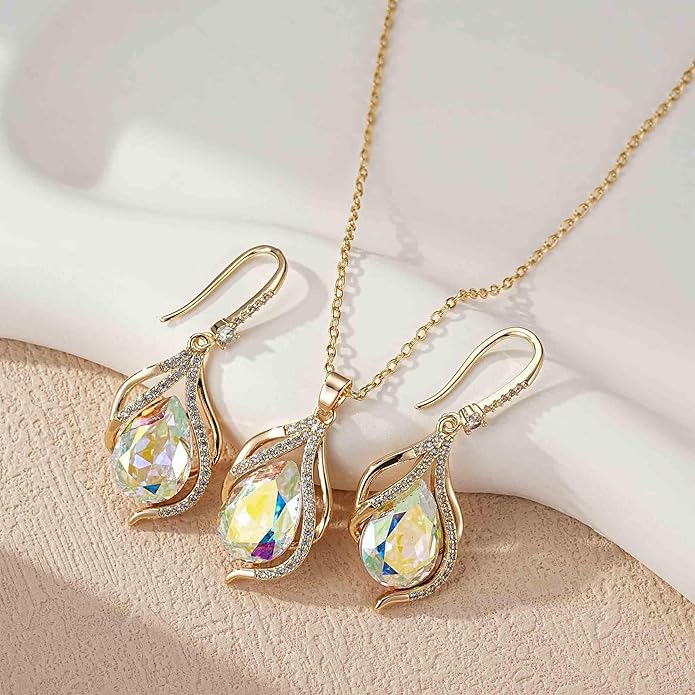 EVEVIC Austrian Crystals Teardrop Hollow Twisted Pendant Necklace Earrings for Women 14K Gold Plated Halo Drop Dangle Earrings Hypoallergenic Jewelry Set