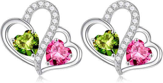 Iefil Valentines Day Gifts for Her - Birthstone Earrings Gift for Women, 925 Sterling Silver Double Heart Birthstone Earrings | Anniversary Birthday Gifts for Women, Personalized Jewelry for Wife Mom