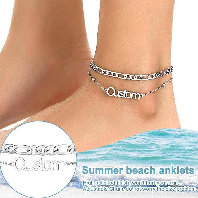 U7 Custom Layered Ankle Bracelets for Women Stainless Steel Bead/Cuban/Figaro/Rope/Wheat Chain Anklet Waterproof Anklet Jewelry for Beach Vacation