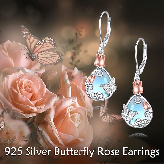 AOBOCO Butterfly/Dragonfly/Bee/Ladybug Leverback Earrings 925 Sterling Silver Rose Lotus Tulip Flower Filigree Dangle Earrings Teardrop Moonstone Larimar Turquoise Abalone Shell Jewelry Birthday Gifts for Women