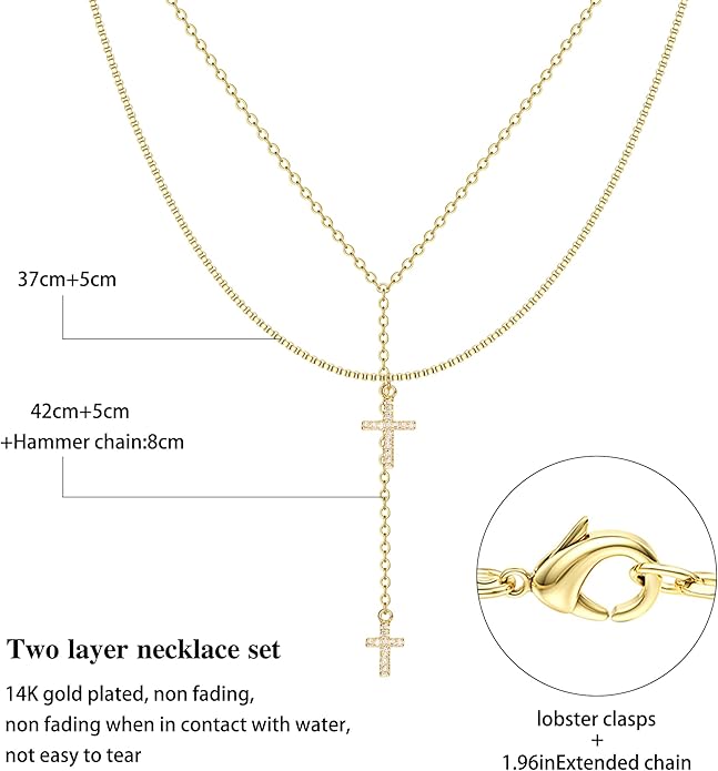 Dochais Dainty Gold Layered Necklace for Women, 14K Gold Plated Y Necklace & Chain, Dainty Lariat Long Necklaces, Trendy Cubic Zirconia Choker, Sun, Heart, Pearl & Cross Pendant Necklace, Jewelry Gift