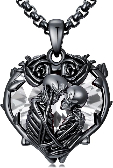 Flpruy 925 Sterling Silver Black Gothic Jewelry Gifts Skeleton Couple Pendant Crystal Birthstone Heart Necklace Punk Romantic Jewelry for Lover Men Women