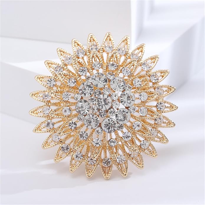 Vintage Rhinestone Round Flower Brooch Pin for Women,Sparkling Floral Lapel Pins Fashion Crystal Cluster Brooches Elegant Dress Accessories Christmas Wedding Jewelry