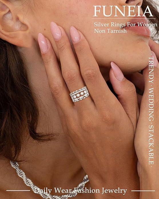 FUNEIA Stackable Silver Gold Rings for Women Non Tarnish 14K Gold Plated Thumb Cubic Zirconia Rings for Women Dainty Pinky Promise Wedding Ring Set Women's Engagement Eternity Band Rings Gold Jewelry