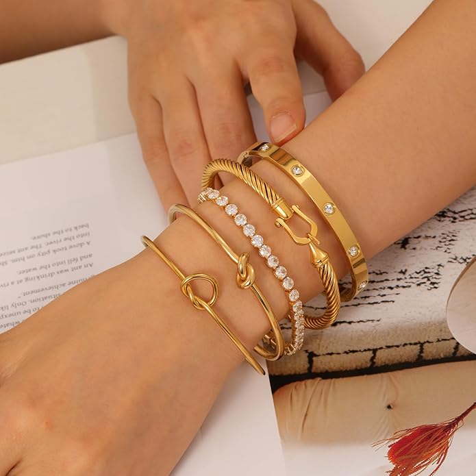 FAFUGA 18 K Gold Plated Love Bangle Bracelet Stack Cuff Jewelry for Women Jewelry Set for Women Gift with Box