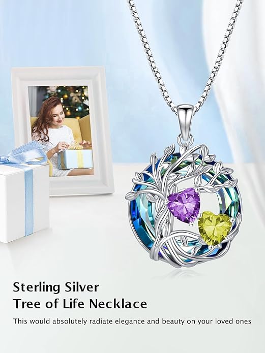 TOUPOP s925 Sterling Silver Family Celtic Tree of Life Pendant Necklaces with 2 Heart Birthstone with Blue Austrian Crystal Jewelry Birthday Anniversary Christmas Gifts for Her Wife Girlfriend Mom (18K Real White Gold Filled)