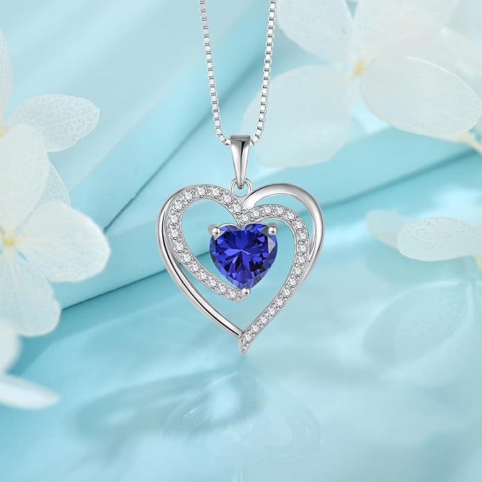 FJ Love Heart Necklace for Women 925 Sterling Silver Birthstone Pendant Anniversary Birthday Jewelry