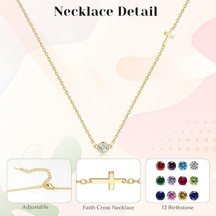Gold Cross Necklaces for Women, 1-12 Birthstone Necklace Stocking Stuffers for Her Faith Confirmation Gifts for Teen Girls Virgin Mary Necklace Gifts for Christians Birthday Baptism Religious Jewelry