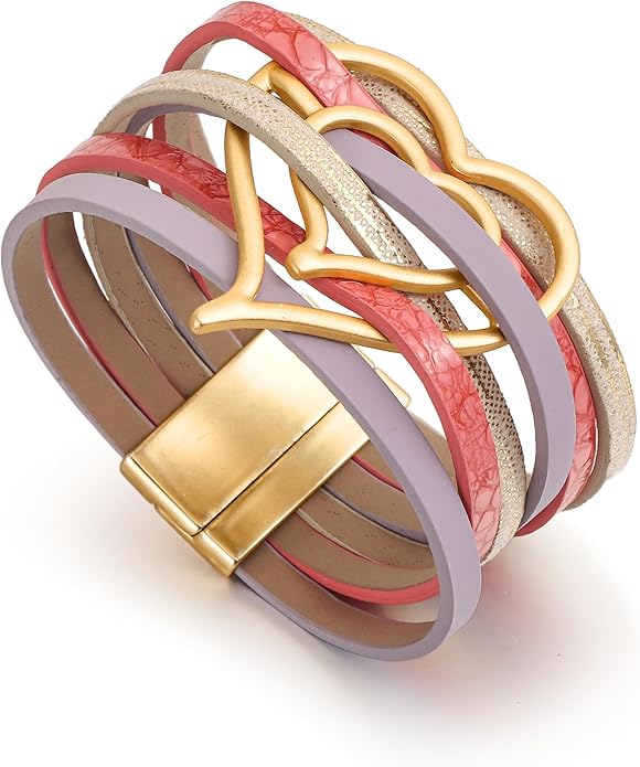 Edoneery Leather Wrap Bracelet for Women, Boho Handmade Multi-Layer Cuff with Crystal Beads Heart, Stackable Bangle Western Jewelry Gift