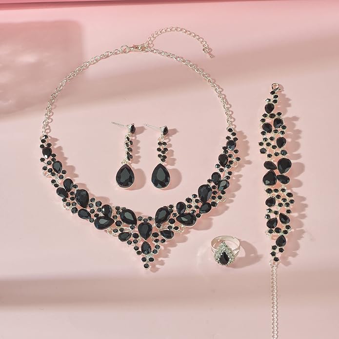 Paxuan Crystal Bridal Wedding Jewelry Sets for Women Rhinestone Teardrop Crystal Statement Choker Necklace Drop Earrings Link Bracelets Rings Teardrop Jewelry Set for Brides Bridesmaids