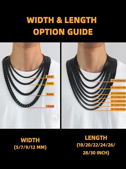 Bestyle Thick Stainless Steel Mens Cuban Link Chain, Black/Gold Chain for Men, No Tarnish & Durable Men Chain Necklace, 5/7/9/12mm Wide, 18"-30" Long, Gift Package