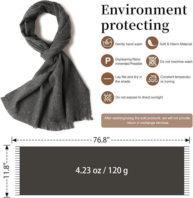 WASALUYA Wool Scarf for Women & Men, 100% Wool Scarves Wrap Shawl with Tassels, Elegant Soft Winter Scarf for Fall and Winter