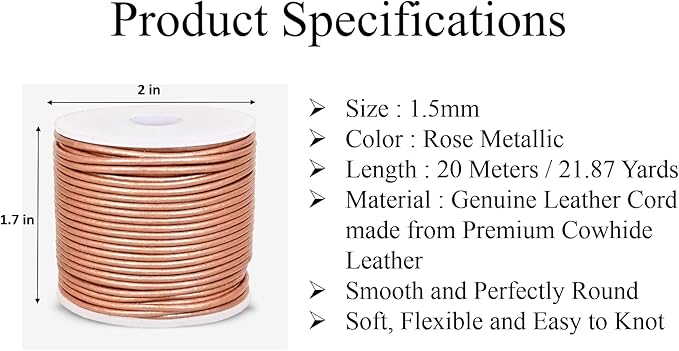 GENIQUE Real/Genuine Round Leather String Cord for Necklace, Bracelets, Jewelry, Kumihimo Braiding, DIY Projects (20 Metres) (1.5mm, Rose Gold Metallic)