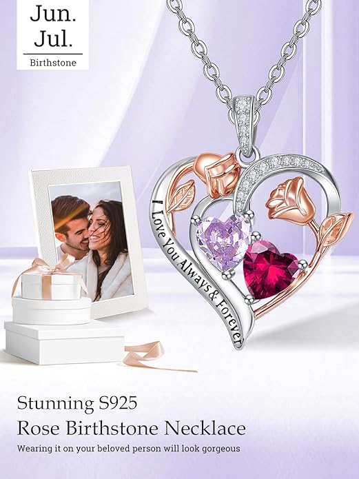 Zeuslia Double Birthstone Necklace Gifts for Wife - 925 Sterling Silver Sunflower/Rose/Crown Cross/Compass/Heart Pendant I Love You Necklace, Anniversary Birthday Gifts for Wife Girlfriend Mom Her