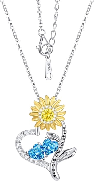 PERJI Valentine's Day Gifts for Women - 925 Sterling Silver Double Birthstone Sunflower Necklace, Anniversary Birthday Jewelry You are My Sunshine Gifts for Wife Couple Girlfriend 18"+2" Non Tarnish