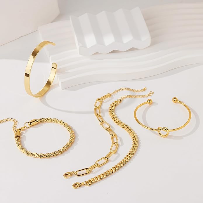 Gold Bracelets for Women Non Tarnish, 14K Gold Plated Chunky Cuff Bracelet Gold Bangles Bracelet for Women Trendy Tie Knot Cuban Rope Paperclip Beaded Bracelet Stack Jewelry Gifts