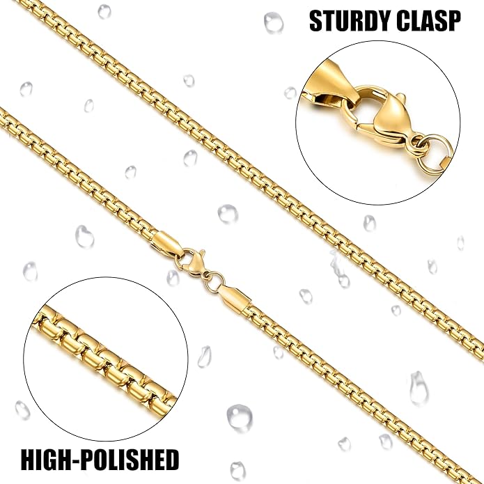 Fiusem Flat Box Chains for Men, 14k Gold Plated Stainless Steel Chain Necklace, 2.5/3/4/4.5/5mm Necklaces for Men and Women 16-28 Inch