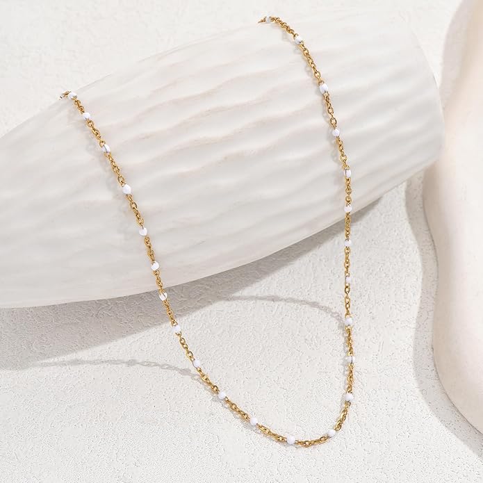 Gold Chain Necklace for Women Dainty 18K Gold Plated Thin Satellite Beaded Turquoise Necklace Simple Gold Boho Jewelry