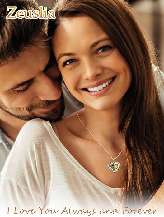 Zeuslia Double Birthstone Necklace Gifts for Wife - 925 Sterling Silver Sunflower/Rose/Crown Cross/Compass/Heart Pendant I Love You Necklace, Anniversary Birthday Gifts for Wife Girlfriend Mom Her
