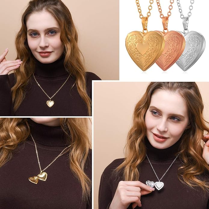 U7 Women Locket Necklace Platinum 14K Gold Photo Lockets that Hold Picture,Chain 20 Inch Personalized Gift Custom Love Heart Image Necklaces