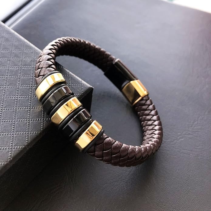 Leather Bracelet for Men Braided Cuff Wristband Stainless Steel Clasp in Silver and Gold Jewellery Gift