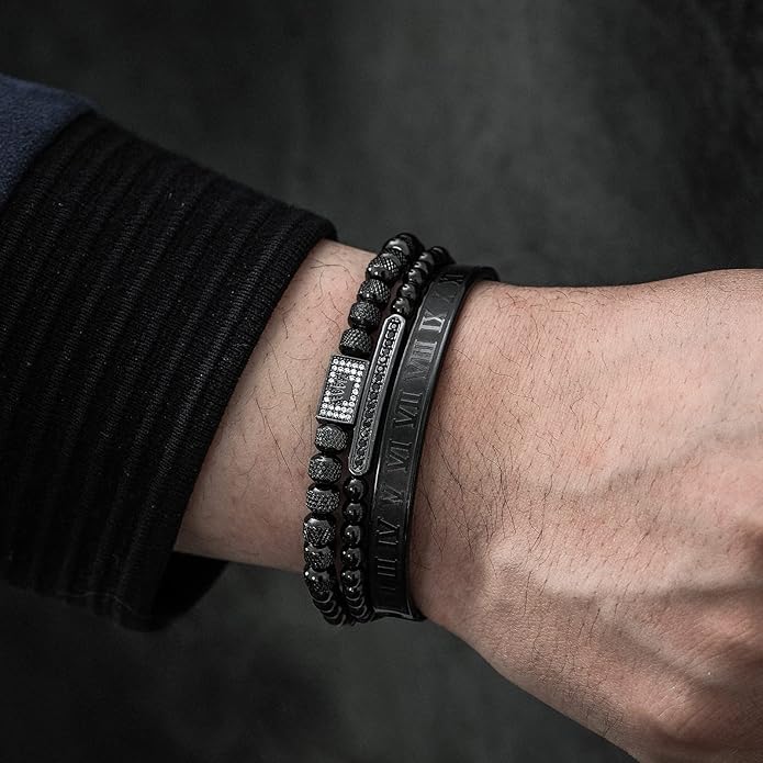 WFYOU 3PCS Stainless Steel Bracelets for Men Gold Roman Numeral Bangle Bracelet Twisted Cable Bracelet Adjustable Cuff Bracelet Mens Luxury Jewelry Bracelets Gifts